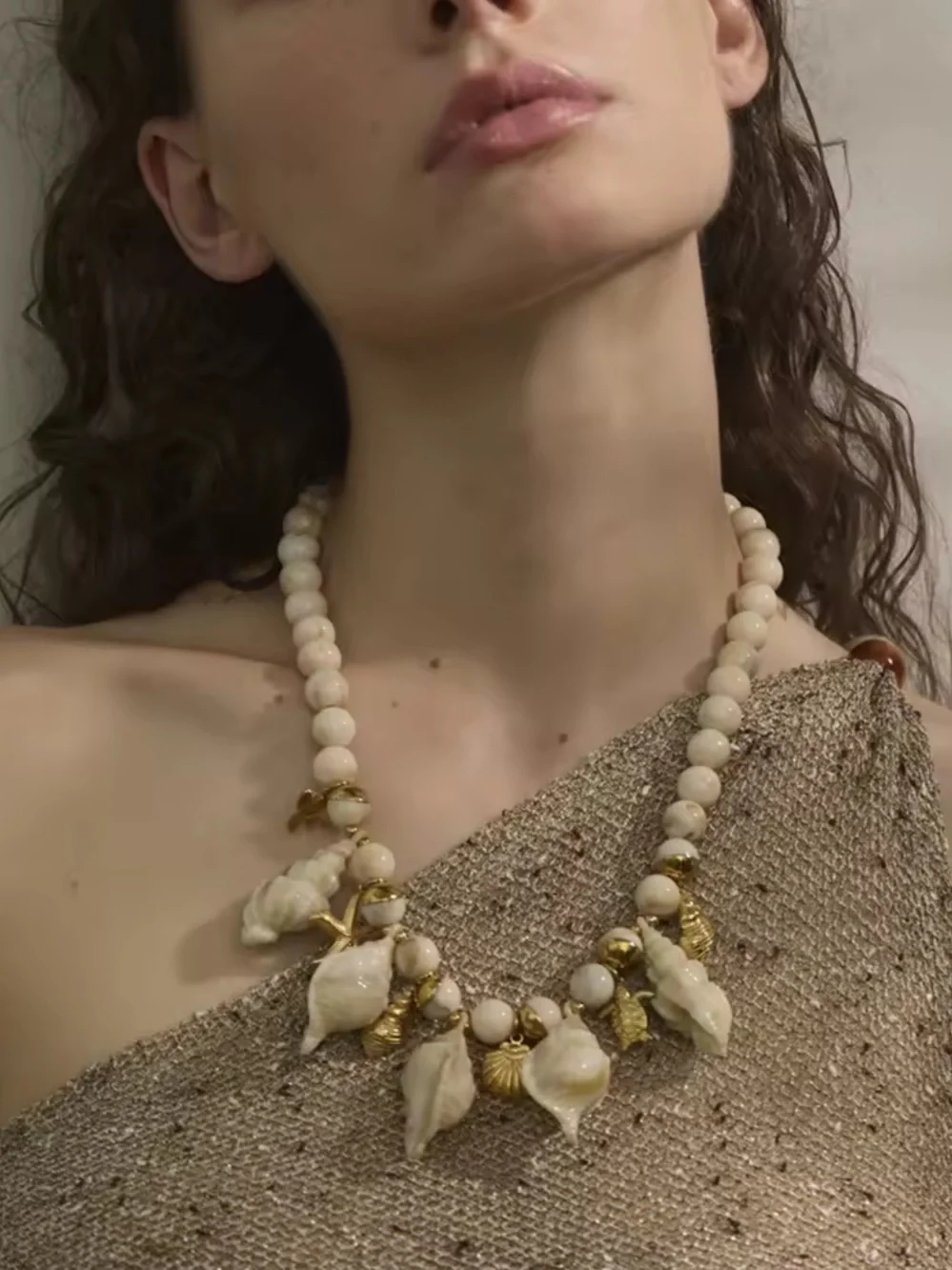 Couture Gold Cream Shell Charm Beaded Necklace